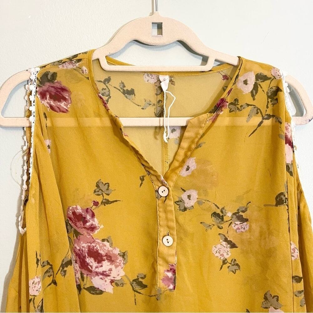 Pink Blush Yellow Floral Sheer Open Shoulder Blouse Size XL - Picture 4 of 16